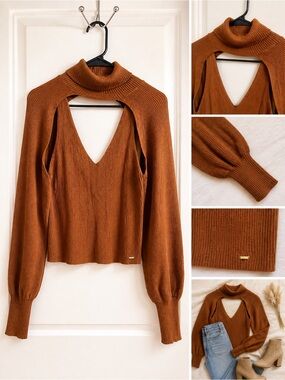 Guess Rust Brown Cutout Ribbed Turtleneck Sweater